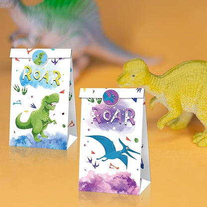 24Pcs Dinosaur Party Favor Bags with 36 Stickers, Watercolor Dino Kraft Paper Gift Bags ,Jurassic Dino Goodie Bags for Kids Birthday,Baby Shower, Dinosaur Themed Party Supplies Decorations