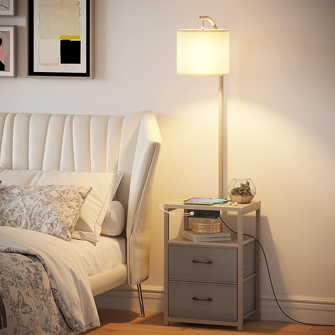 SUNMORY Floor Lamp with Table & 2 Drawers, Lamp with USB Port and Outlet, Lamps for Nightstand with 3 Color Temperature Led Bulb Included, Floor Lamps for Living Room, Bedroom and Home Office, Grey