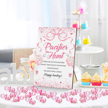 Thyle 51 Pcs Pacifier Hunt Baby Shower Games Include Hunt Sign and 50 Acrylic Pacifiers for Baby Shower Game Decoration Gift Sets Gender Reveal Party Decor(Pink Bow)