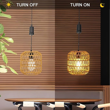 Livinlarge Battery Operated Hanging Pendant Ligh,Battery Outdoor Chandelier,Rattan Light with Warm White Bulb,4*AA Battery Powered for Gazebo Backyard Pergola Porch Patio Outdoor Indoor Decor