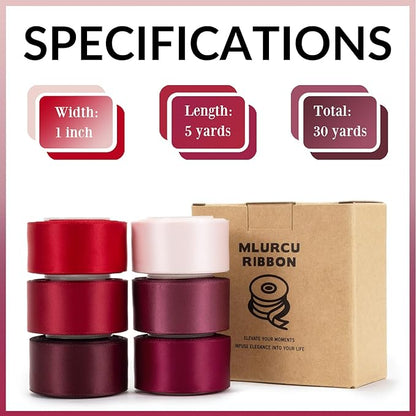 Red Satin Ribbon 1 Inch Assorted Burgundy, Dark Red, Maroon, Wine, Rose White, Double Faced Satin Ribbon for Flower Bouquet, Gift Wrapping, Wedding Invitation, Bows, Crafts, Gift Bags - 30Yards