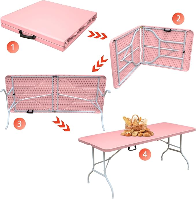 Portable 6Ft Folding Table, Heavy Duty Plastic Fold-in-Half Utility Foldable Dining Table, Multi-Purpose Plastic Folding Table with Carrying Handle for Camping and Party Indoor/Outdoor (Pink)