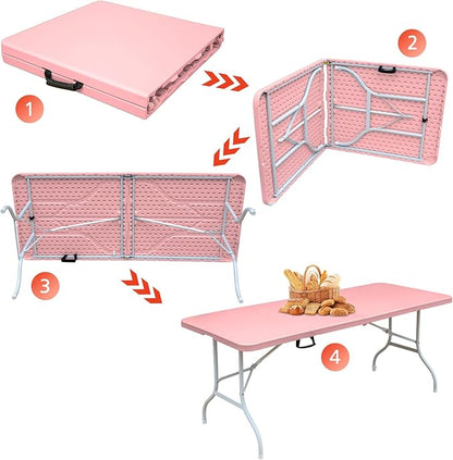 Portable 6Ft Folding Table, Heavy Duty Plastic Fold-in-Half Utility Foldable Dining Table, Multi-Purpose Plastic Folding Table with Carrying Handle for Camping and Party Indoor/Outdoor (Pink)