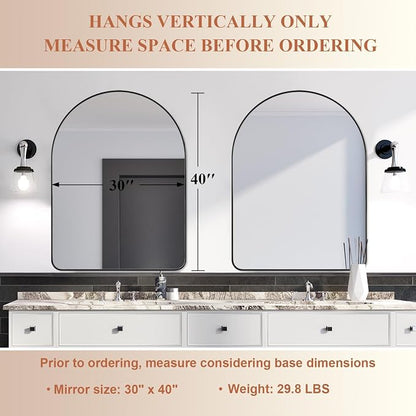 ANDY STAR 30x40 Inch Arched Wall Mirror, Stainless Steel Frame Metal Frame with Black Finish, Large Arch Mirror Perfect for Bathroom, Vanity, Living Room