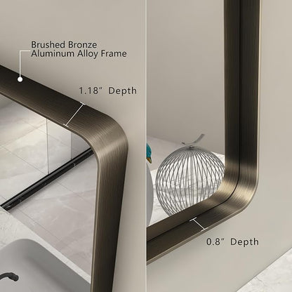 60x40 Bronze Bathroom Mirror, Brushed Bronze Metal Frame Mirrors for Wall, Rounded Rectangle Bronze Mirror for Vanity,Bedroom, Shatterproof, Anti-Rust (Horizontal/Vertical)