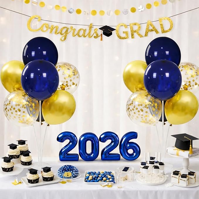 4 Sets Navy Blue Gold Balloon Centerpieces for Table, Balloon Stand Kit for Graduation Decorations 2026 Retirement Baby Shower Men's Women's Birthday Class of 2026 Party Decorations