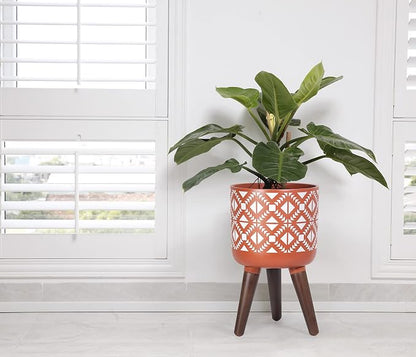 D'vine Dev 8 Inch Planter Pot with Stand, Mid-Century Tall Plant Pot with Legs for Indoor Plants, Pottery Red Terracotta/White, 88-G-A-5