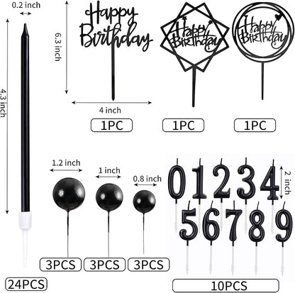 PHD CAKE 46 Pcs Black Birthday Candles, 10 Cake Number Candles, 9 Ball Cake Toppers, 3 Birthday Cake Toppers, Party Celebration