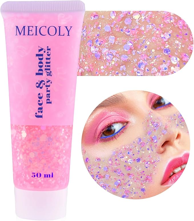 MEICOLY Chameleon Light Pink Body Glitter,Chunky Face Glitter for Halloween,Color Changing Mermaid Face Glitter Gel,Holographic Glitter Sequin for Face Body Hair,Festival Party Cheer Glitter Makeup