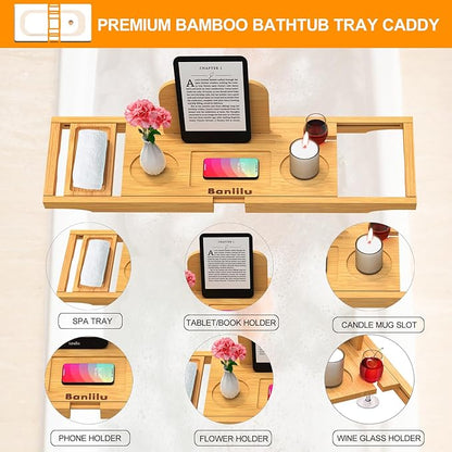 Premium Bamboo Bathtub Tray Caddy - Bath Tub Tray Table for Bathtub - Bath Caddy Tray for Bathtub, Expandable Size, Fits Most Bath Tubs