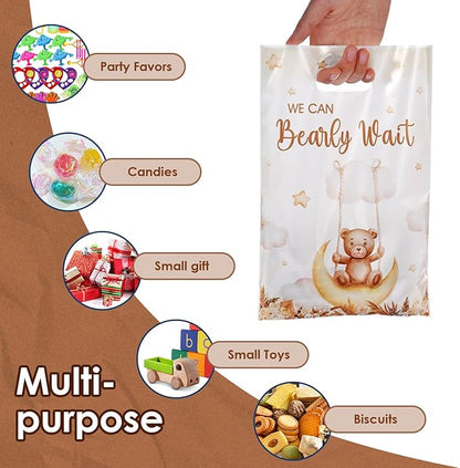 50 Pcs Cute Bear Party Favor Bags with Handles - Plastic Treat Bags for Candy & Small Gifts, Bulk Supplies for Wedding Baby Shower Goodie Bags, Holiday Gift Bags for Thanksgiving Halloween Christmas New Years, Birthday Party Decorations