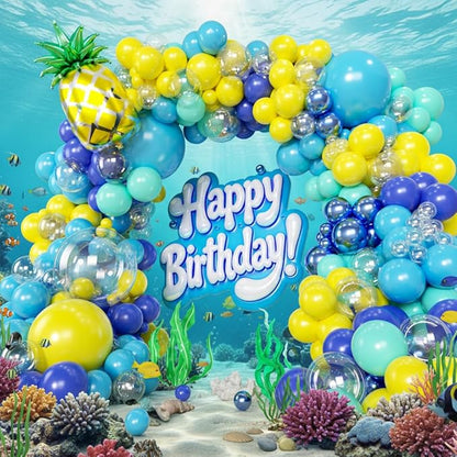 160pcs Cartoon Sponge Balloons Garland Arch Kit, Birthday Decorations Yellow Blue Clear Metallic Blue Teal Balloons and Pineapple Balloon Arch for Cartoon Birthday Baby Shower Party Decor