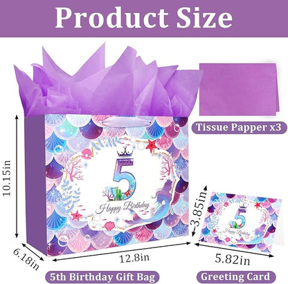 CIEHER 5th Birthday Gift Bags for Girls with Mermaid Greeting Card and Purple Tissue Papers for 5th Birthday Gifts
