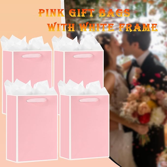 SHIPKEY 10 Pcs Luxury Pink Bags with Tissue Paper, Gift Bag for Men, Groomsmen Proposal Bag with White Frame, 8x4x11 Inches Kraft Paper Bags with Handles Bulk (20x10x28cm)
