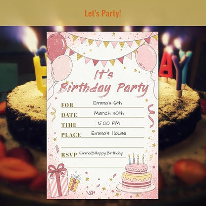 Sweet Birthday Invitations for Girl Teens Kids, 25 Pcs 4x6 Pink Gold Party Card Kit with Balloons, Bunting, Presents & Cakes - Sweet Colorful Childlike