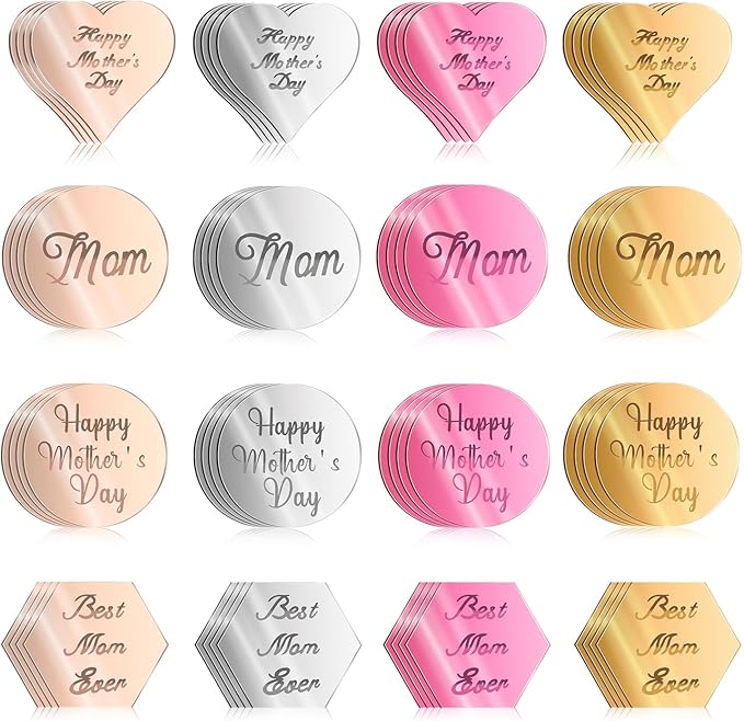 64pcs Happy Mother's Day Cake Topper, 4 Styles Acrylic Mothers Day Cupcake Topper Charm Mirror Disc Engraved Cake Decoration for Dessert Mom Birthday Party (4 Colors)