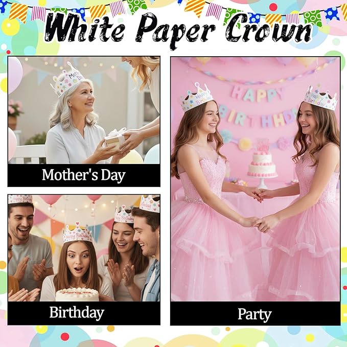 50 Pcs White Paper Crowns Bulk, DIY Blank Birthday Party Crown Classic Style Paper Birthday Crowns for Classroom Party Hats Decorations Baby Shower Supplies (24 x 4.7 in)