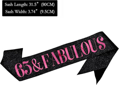 65 & Fabulous Sash, Funny 65th Birthday Sash for Women 65th Bday Party Photo Prop Favors Suppiles, Pink Foil Letter, Glitter Black