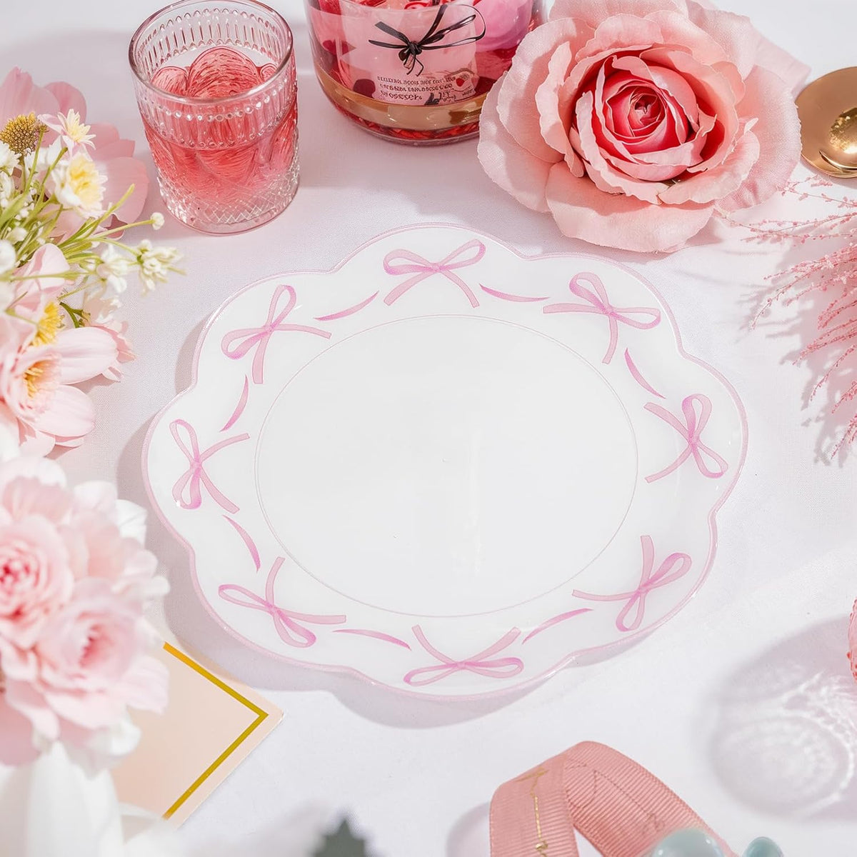 LIYH 60 Pcs Pink Plastic Plates for Party Bow Plates - Pink Porcelain Scalloped Plate Disposable Heavyduty for Wedding Bridal Shower Floral Dinnerware Set - 10.25" Dinner & 7.5" Dessert Plate