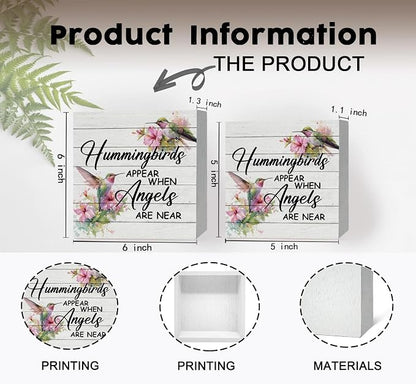 Hummingbird Decor, Hummingbird Gifts For Women, Hummingbirds Appear When Angels Are Near Wooden Box Signs, Farmhouse Floral Bird Wood Decoration Home Decor For Desk Table Shelf 6x6 Inch Decorative Signs & Plaques