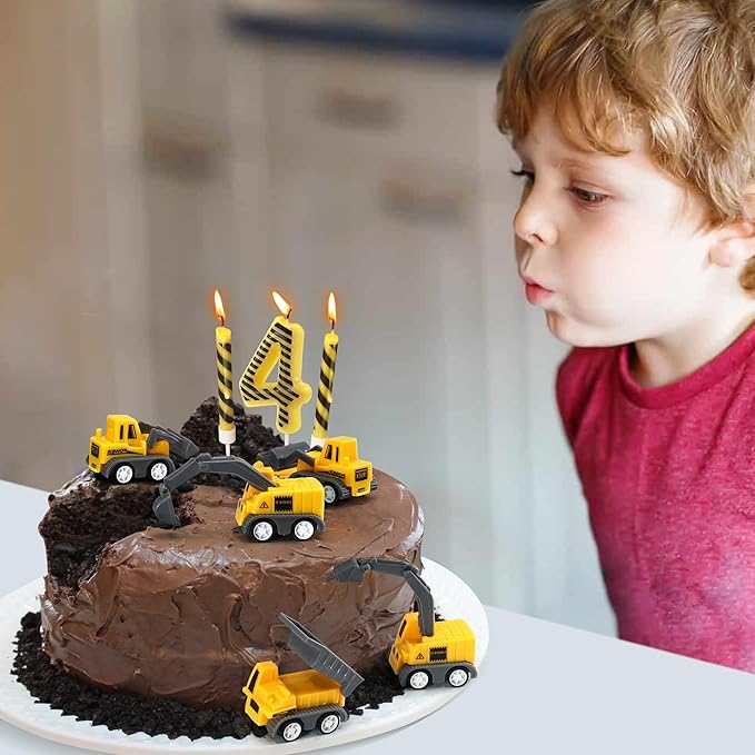 Number 4 Construction Birthday Candles, 12 Pcs Construction Cake Toppers Set, Digger Cake Topper for Birthday Anniversary Party Cake Decorations