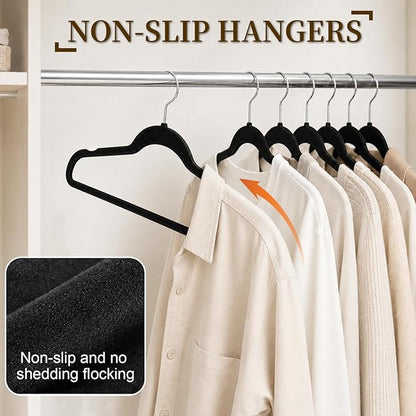 Velvet Hangers 50 Pack, Non Slip Clothes Hangers with Shoulder Notches, Slim Felt Hanger with 360° Swivel Hook, Space-Saving, for Coat, Shirt, Pants, Dress, Suits, Black