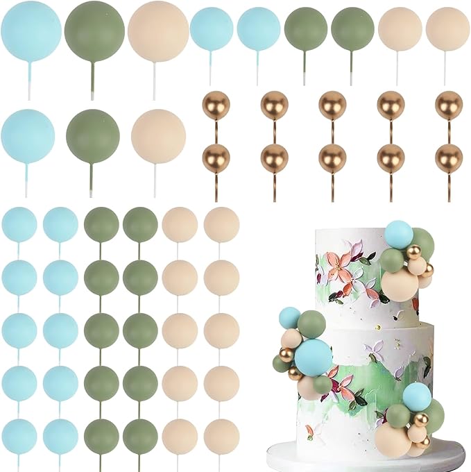 52 Pcs Boho Theme Ball Cake Decorations - Blue Green Khaki Gold Ball Dessert Picks & Cupcake Toppers, Wedding Bridal Shower Birthday Party Baby Shower Gender Reveal Cake Supplies