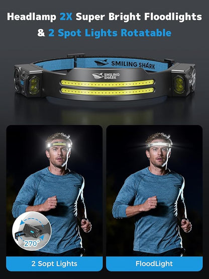 Smiling Shark TS-2 Headlamp, Dual Spotlight with Floodlight & Strobe LED Head Torch Rechargeable 2400mAh Long-Lasting Hands-Free Design for Camping Hiking Running Jogging (2 Pack)