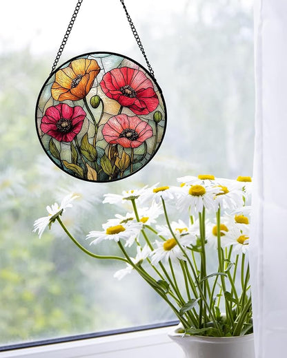 Stained Glass Window Hanging, Red Orange Poppy Birth Flowers Sun Catcher for Door Garden Yard Decor Wildflowers Suncatcher Christmas Mother Birthday Gifts for Women Men Mom Nana 11.8 in