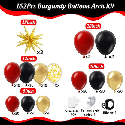 Burgundy Balloon Garland Arch Kit 162Pcs with Star, Burgundy Maroon Black Gold Balloon Arch Kit for 2026 Graduation Bridal Shower Prom Birthday Anniversary Bridal Shower Party Decor