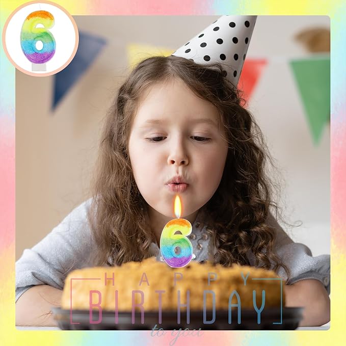 Rainbow Candles for Birthday Cakes, Rainbow Themed Cake Topper Birthday Party Decorations, 6th Number Candle (Number 6)