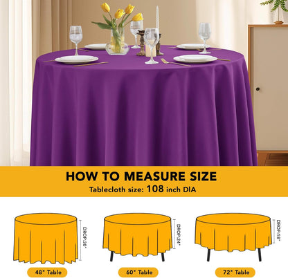 10-Pack Purple Round Tablecloths, 108 Inches, Stain-Resistant Polyester for 4-5 Ft Round Tables - Washable Table Covers for Weddings, Banquets, Birthday Parties, Events