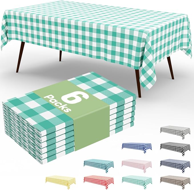 Smiry 6 Pack Teal Gingham Disposable Tablecloths - 54" x 108" Heavy Duty Plastic Table Cloth, Waterproof Buffalo Plaid Table Covers for Picnic, Banquets, Outdoor Parties