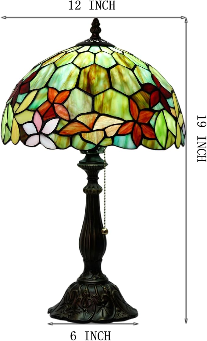 Tiffany Table Lamp Stained Glass Lamp 12X12X19 Inch Antique Reading Light (Red Green Flowers)