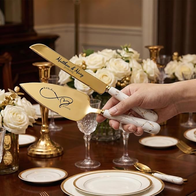 sinfinate Personalized Wedding Cake Knife and Server Set Gold - Custom Engraved Stainless Steel Cake Servers Cutting Set with Marble Pattern, Elegant Gift for Wedding Anniversary Birthday Christmas