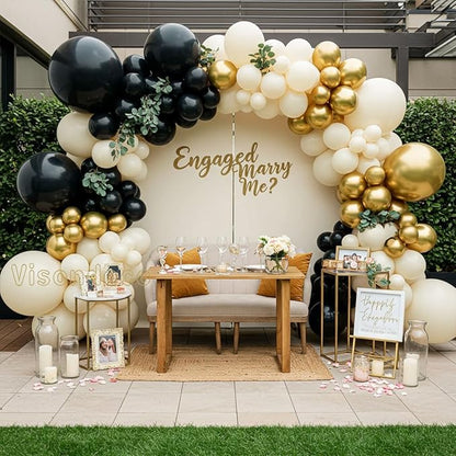 Black White and Gold Balloon Arch Kit – Double Stuffed Balloons in Black, Ivory with Metallic Gold – 5”/12”/18” Balloons for Graduation, Birthday, Retirement, New Year, Balloon Garland Decorations