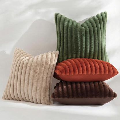 decorUhome Cozy Faux Fur Throw Pillow Covers 18x18 Set of 2 Decorative Soft Plush Striped Modern Farmhouse Boho Couch Pillow Cases with Velvet Back for Sofa Bed Living Room, Rust