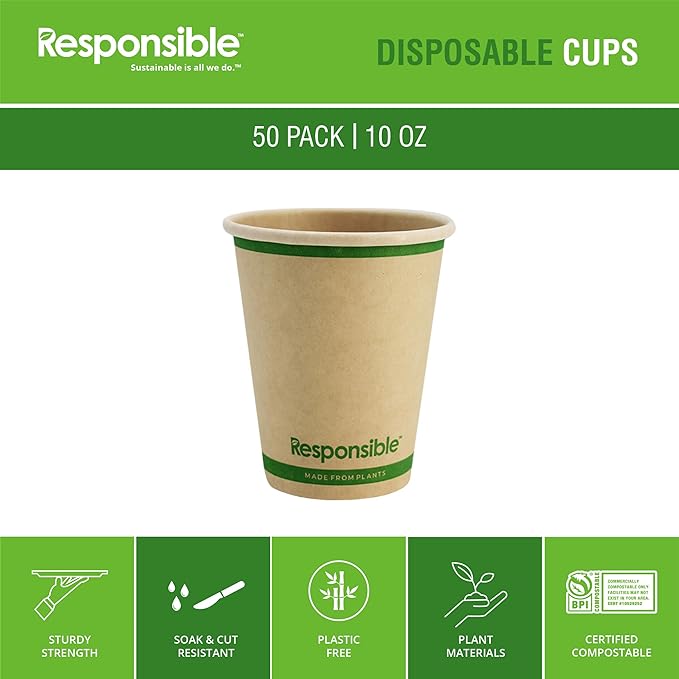 Responsible Products Certified Compostable 10 oz Paper Cups, Cold ＆ Hot Coffee Cups, Disposable Paper Cups, Extra Strength Disposable Cups, Made without PFAS (50 count)
