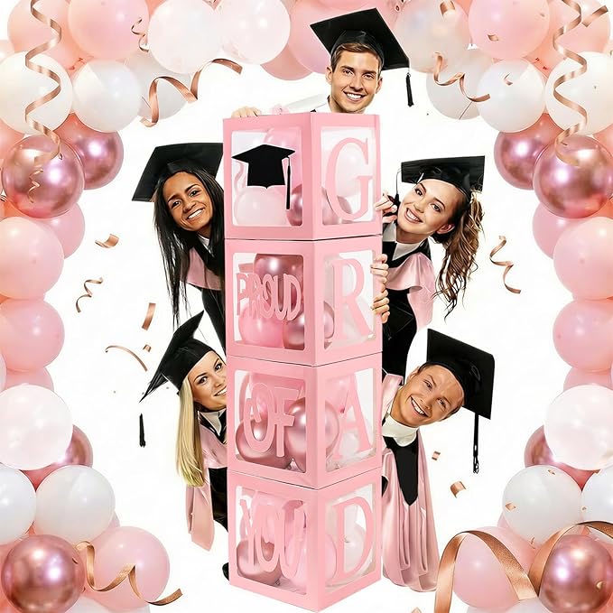 Graduation Decorations 2026,4 Pcs Transparent Balloon Boxes with Letters of GRAD,PROUD OF YOU,Class of 2026 and 130pcs Light Pink Balloons Arch for High School College 2026 Grad Party Supplies