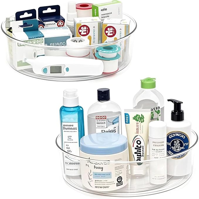 2 Pack Lazy Susan 11.5" Inch Turntable Organizer Organization Storage Container Bins Spice Rack Cabinet Rotating Condiment for Pantry Countertop Kitchen Vanity Bathroom Jewelry Holder Clear