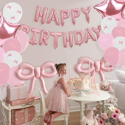 YTHETM Bow Party Decorations Pink Happy Birthday Balloons Banner Pink Birthday Decorations Bow Balloons for Women Girls Birthday Decor Party Supplies