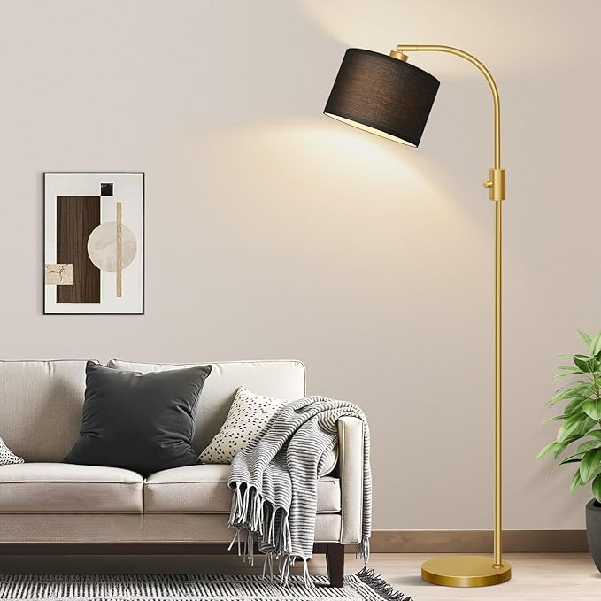 Nintiue Upgraded Modern Arc Dimmable Tall Standing Floor Lamp with Black Shade, 1200 Lumens LED Bulb Included, for Living & Reading Room, Bedroom, Office & Nursery, Gold