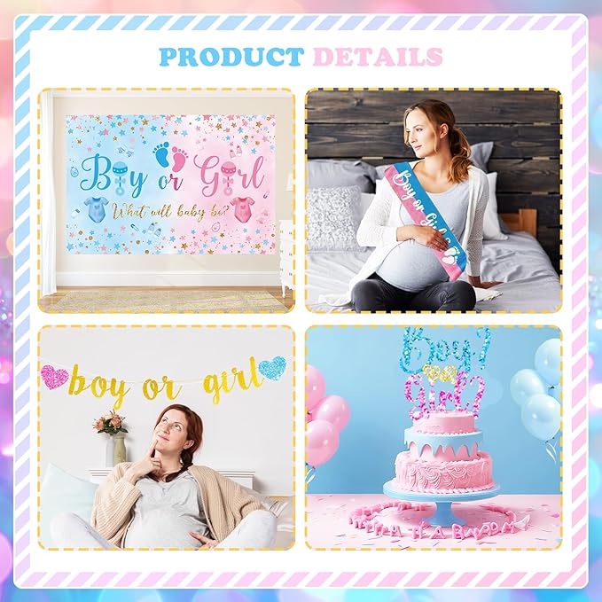 170 PCs Baby Boxes Gender Reveal Decorations, Hombae Boy or Girl Gender Reveal Decorations What Will Baby Be Backdrop Balloon Garland Banner Tablecloth Cake Cupcake Topper Cutout Poster Sash Pink Blue