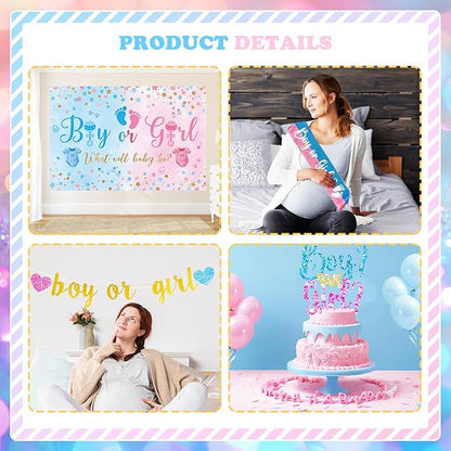 170 PCs Baby Boxes Gender Reveal Decorations, Hombae Boy or Girl Gender Reveal Decorations What Will Baby Be Backdrop Balloon Garland Banner Tablecloth Cake Cupcake Topper Cutout Poster Sash Pink Blue