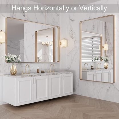 LOAAO 48”X30” Gold Bathroom Mirror, Rounded Rectangle Gold Frame Mirror, Brushed Gold Bathroom Vanity Mirror Wall-Mounted, Anti-Rust, Tempered Glass, Hangs Horizontally or Vertically