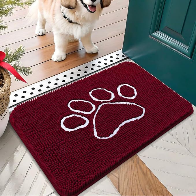 OLANLY Dog Door Mat for Muddy Paws 24x16, Paw Print Design, Absorbs Moisture and Dirt, Absorbent Non-Slip Washable Doormat, Quick Dry Chenille Mud Mat for Dogs, Entry Indoor Entryway Carpet, Burgundy