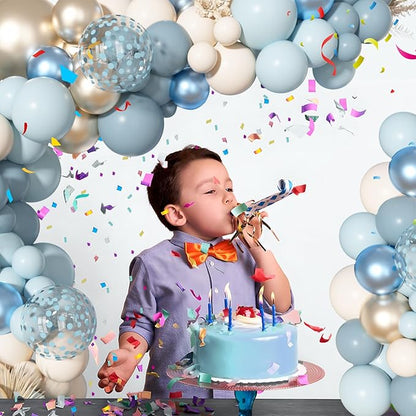 156Pcs Dusty Blue Balloons Arch Garland Kit, Dusty Baby Pastel Blue Chrome Gold Blue Sand White Confetti Balloon for Boy Baby Shower Decorations Bridal Shower Gender Reveal Birthday Party Supplies