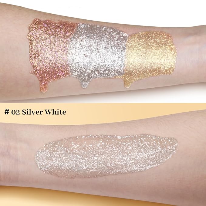 UCANBE Highlighter Makeup Drops Body Glitter Dewy Liquid Face Glow Shimmer for Women Holographic Luminizer Sparkles for Face (Silver Fairy White - 02)