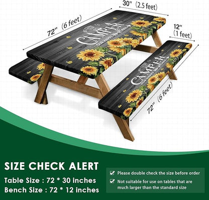 Sunflower Picnic Table Cover with Bench Covers, Rustic Grey Wooden Summer Floral Farmhouse Outdoor Camping Essentials 6FT 3PCS Fitted Rectangle RV Must Haves Tablecloth with Drawstring Bag