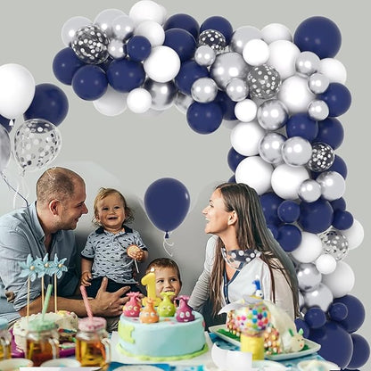 Navy Blue Silver Balloon Arch Garland Kit, 122PCS Navy Blue White Metallic Silver Confetti Balloons for Birthday Graduation Wedding Retirement Anniversary Engagement Father Day Party Decoration